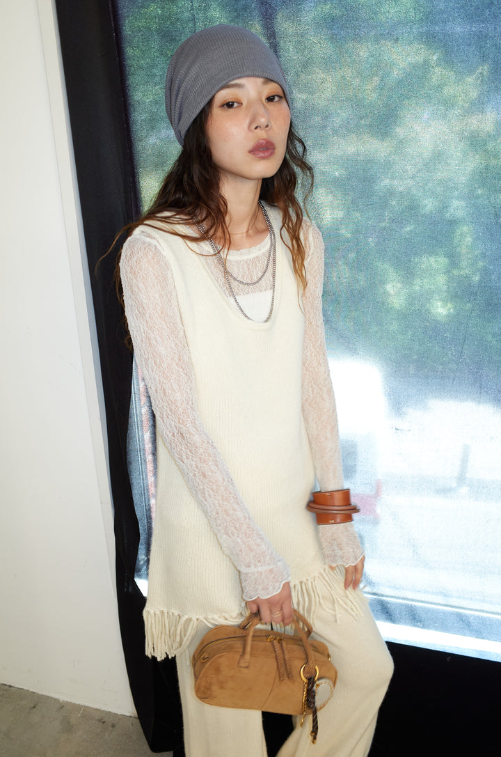 [予約/SET]裾フリンジノースリニット+シアーレーストップス+ニットワイドパンツ(3set)