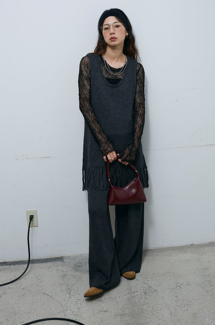 [予約/SET]裾フリンジノースリニット+シアーレーストップス+ニットワイドパンツ(3set)