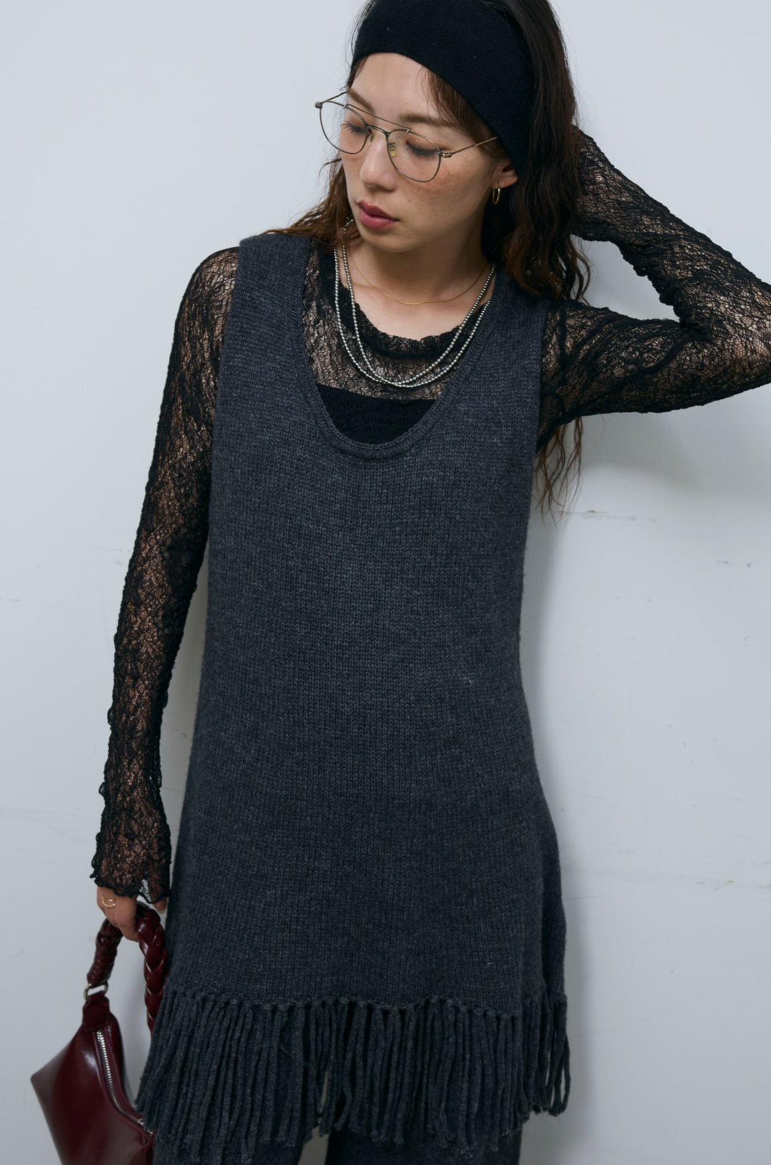 [予約/SET]裾フリンジノースリニット+シアーレーストップス+ニットワイドパンツ(3set)