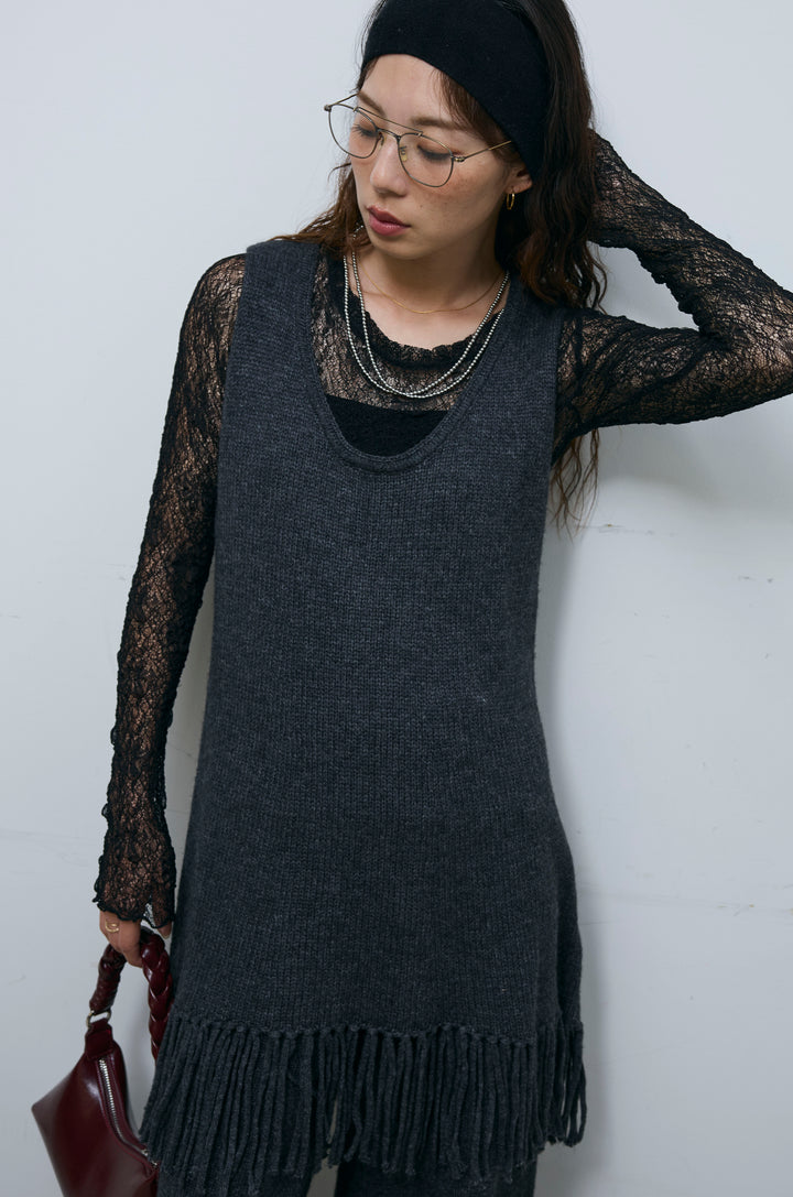 [予約/SET]裾フリンジノースリニット+シアーレーストップス+ニットワイドパンツ(3set)