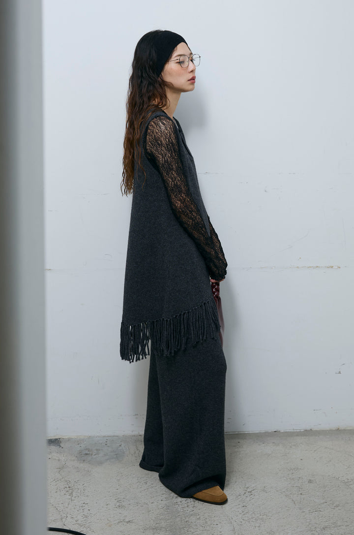 [予約/SET]裾フリンジノースリニット+ニットワイドパンツ(2set)