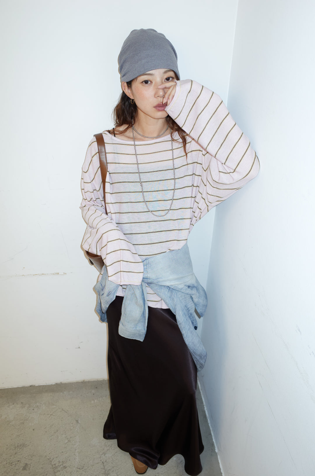 [予約/SET]シアールーズボーダーニット+サテンナロースカート(2set)