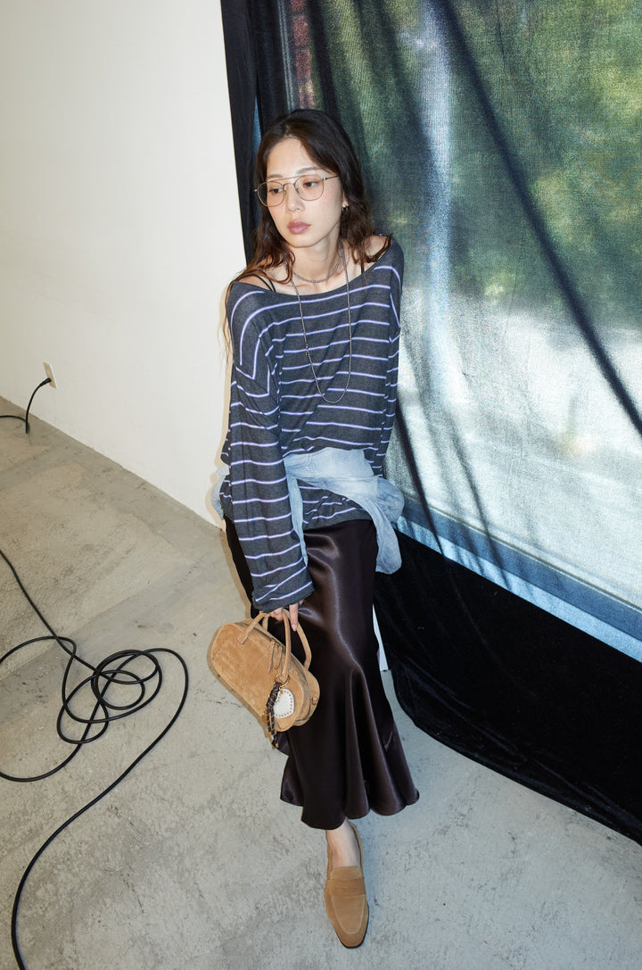 [予約/SET]シアールーズボーダーニット+サテンナロースカート(2set)