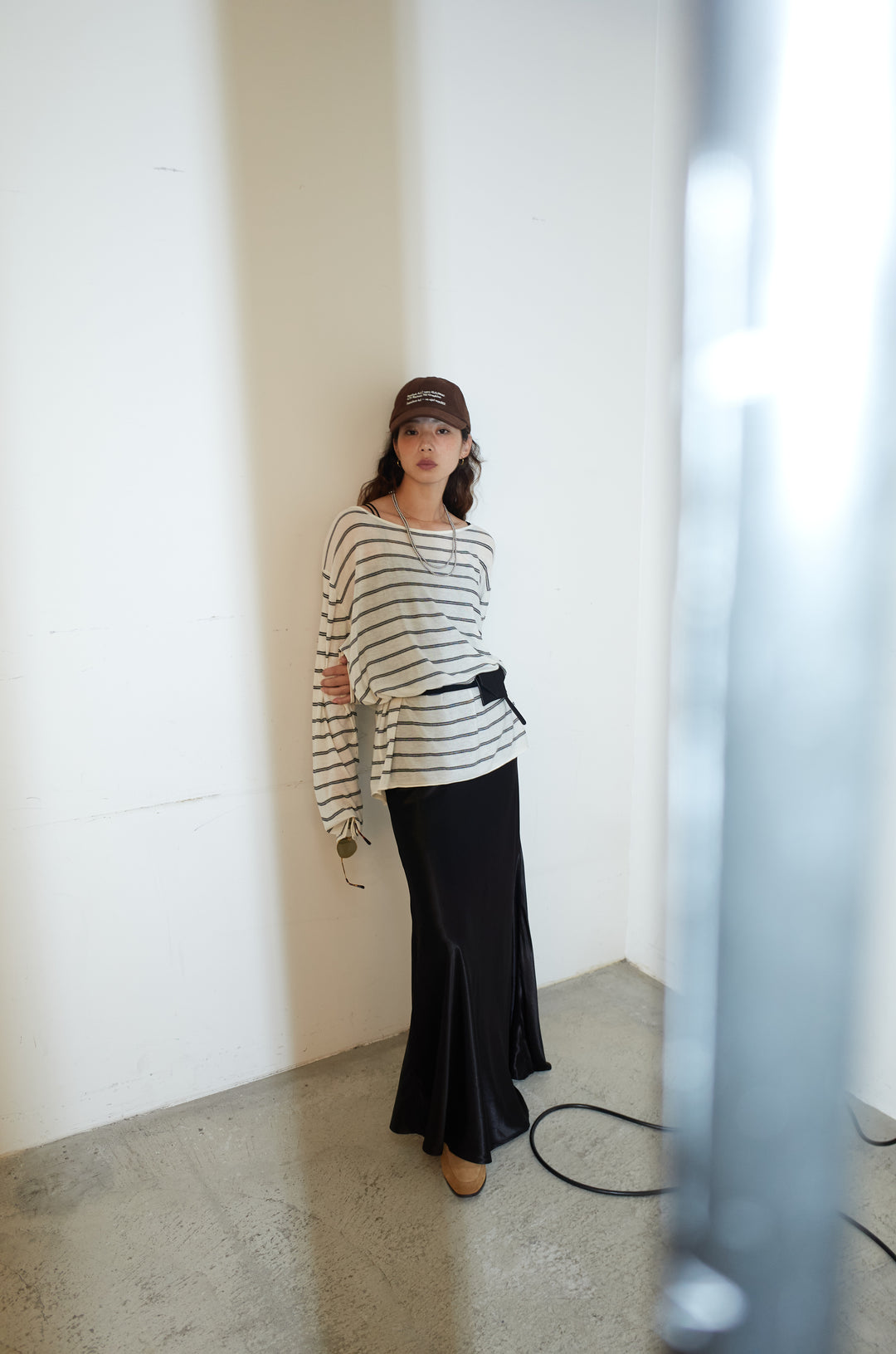 [予約/SET]シアールーズボーダーニット+サテンナロースカート(2set)