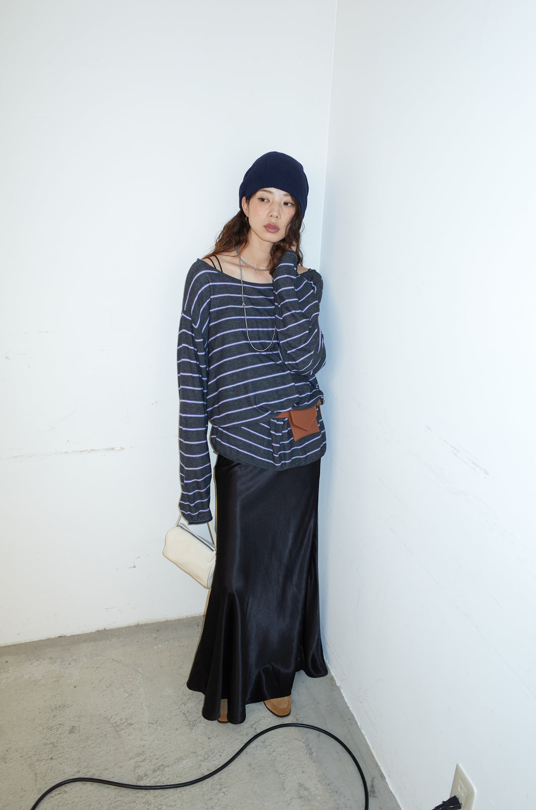 [予約/SET]シアールーズボーダーニット+サテンナロースカート(2set)