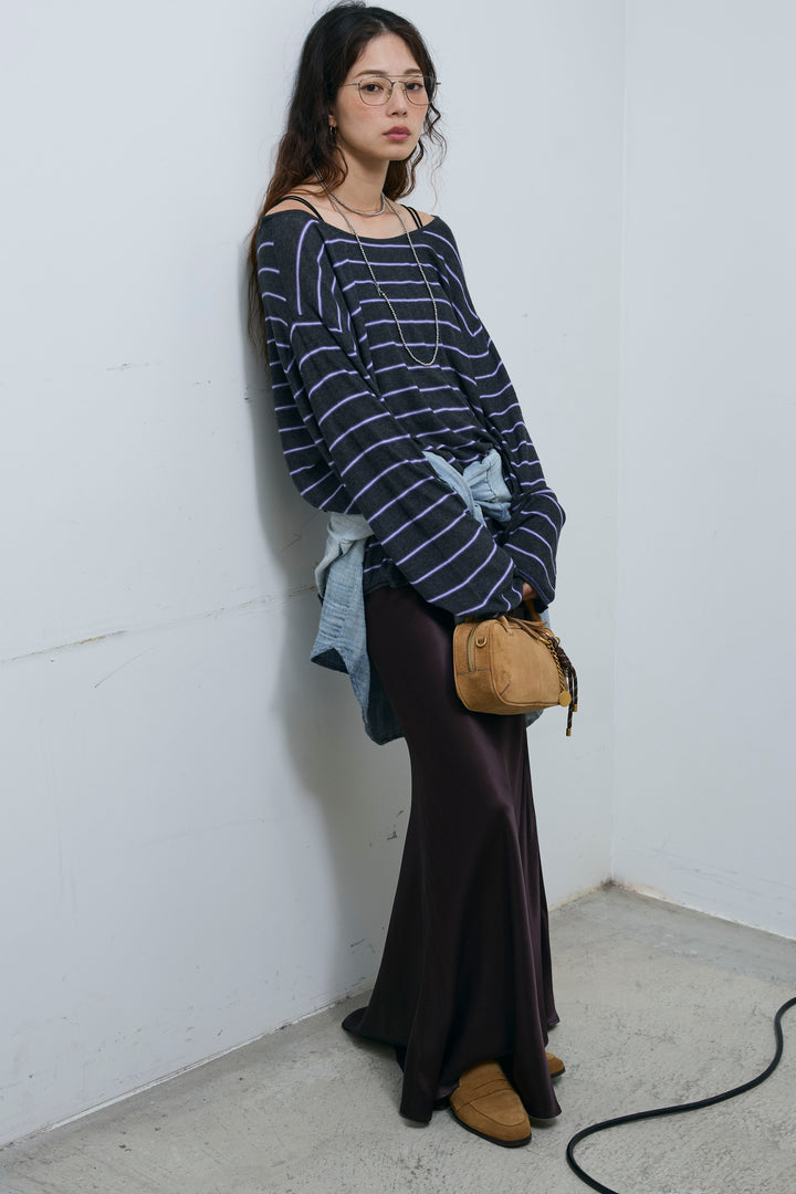 [予約/SET]シアールーズボーダーニット+サテンナロースカート(2set)