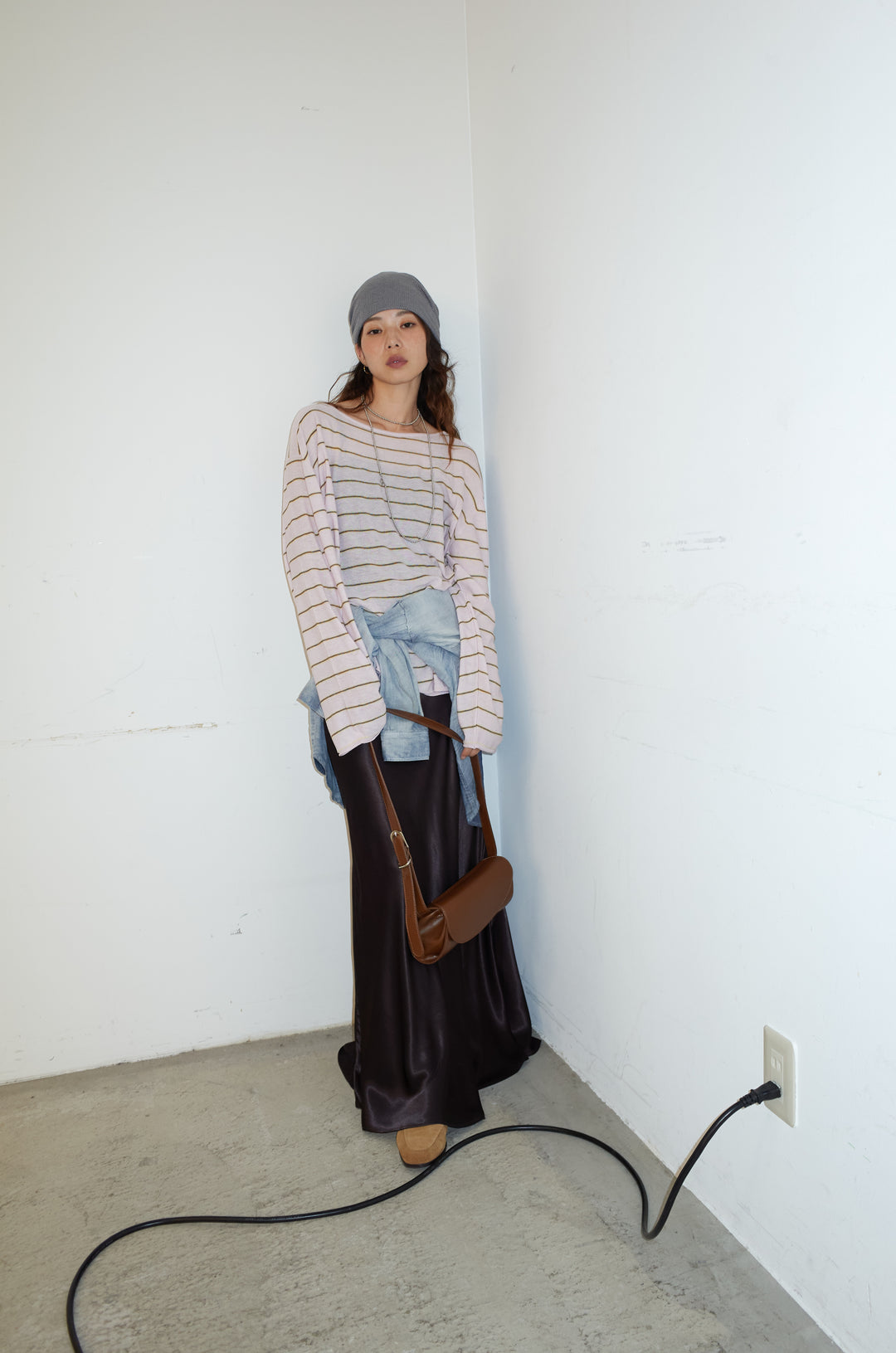 [予約/SET]シアールーズボーダーニット+サテンナロースカート(2set)