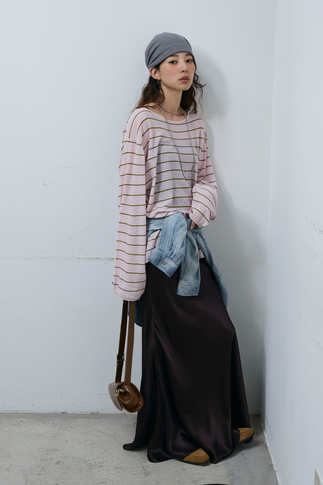 [予約/SET]シアールーズボーダーニット+サテンナロースカート(2set)