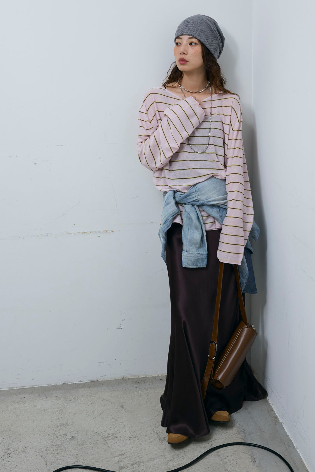 [予約/SET]シアールーズボーダーニット+サテンナロースカート(2set)