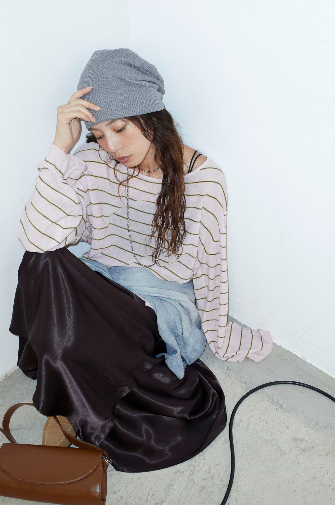 [予約/SET]シアールーズボーダーニット+サテンナロースカート(2set)