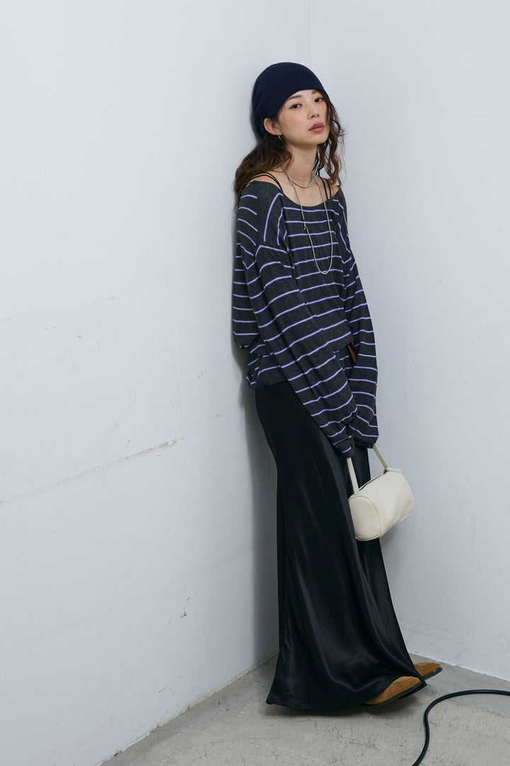 [予約/SET]シアールーズボーダーニット+サテンナロースカート(2set)