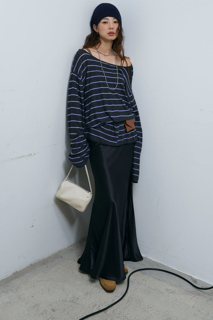 [予約/SET]シアールーズボーダーニット+サテンナロースカート(2set)