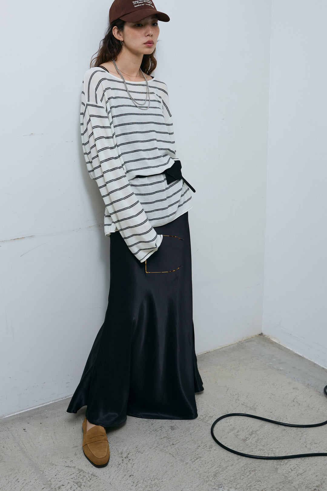 [予約/SET]シアールーズボーダーニット+サテンナロースカート(2set)