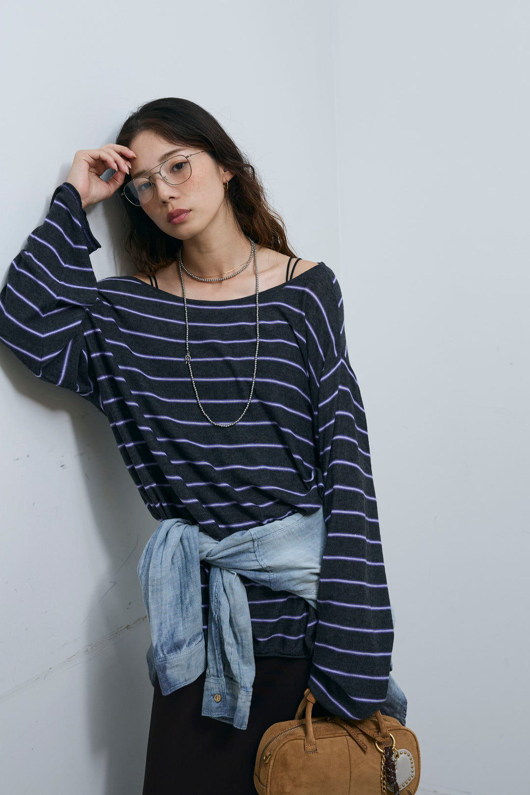 [予約/SET]シアールーズボーダーニット+サテンナロースカート(2set)