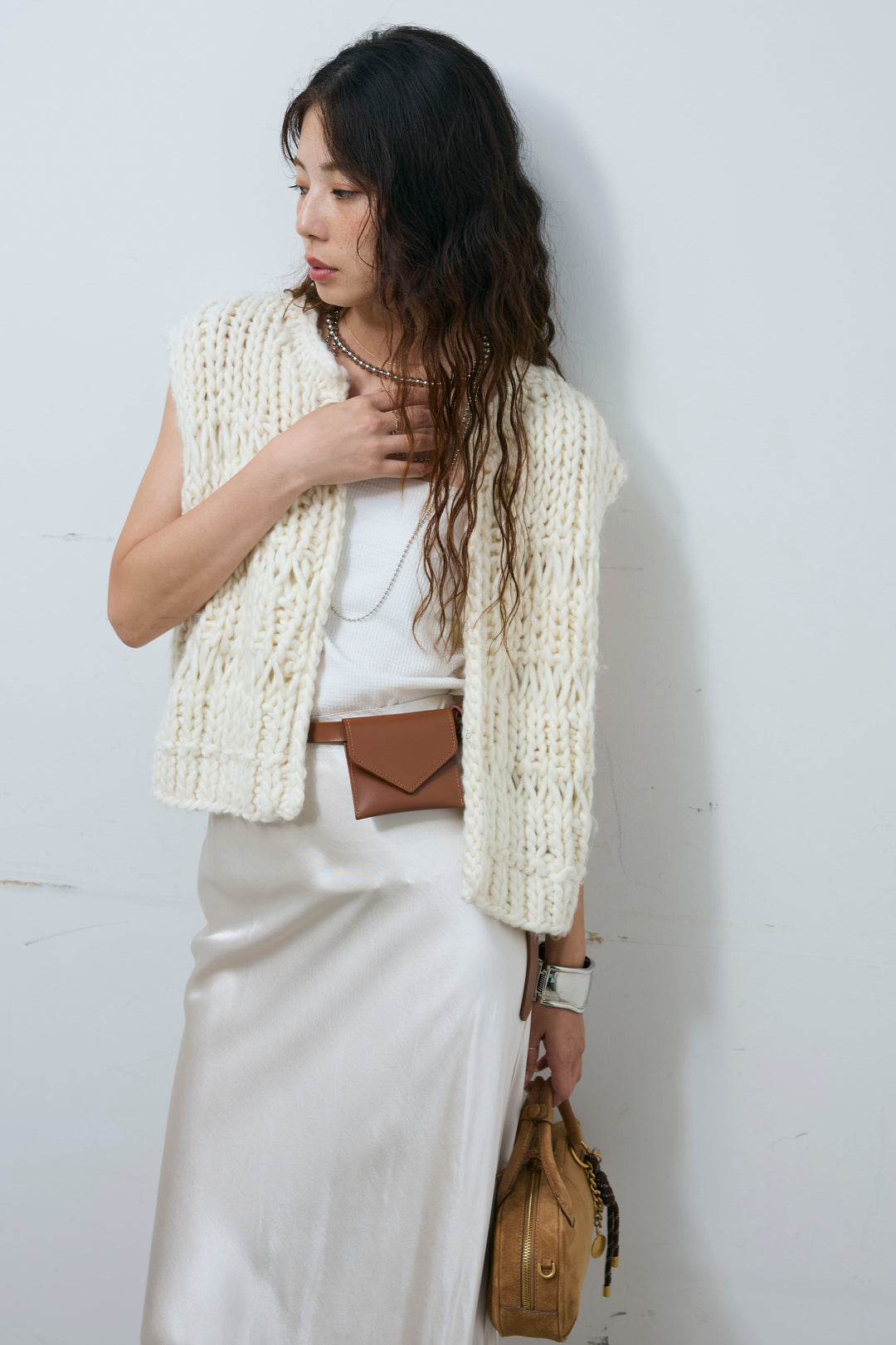 [予約/SET]ハンドニットロービングベスト+サテンナロースカート(2set)