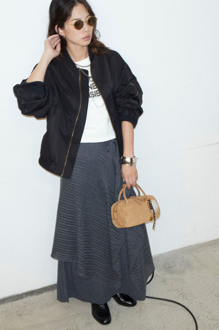 [予約/SET]袖ボリュームMA1+ライン編みニットラップ+ニットマキシスカート(3set)