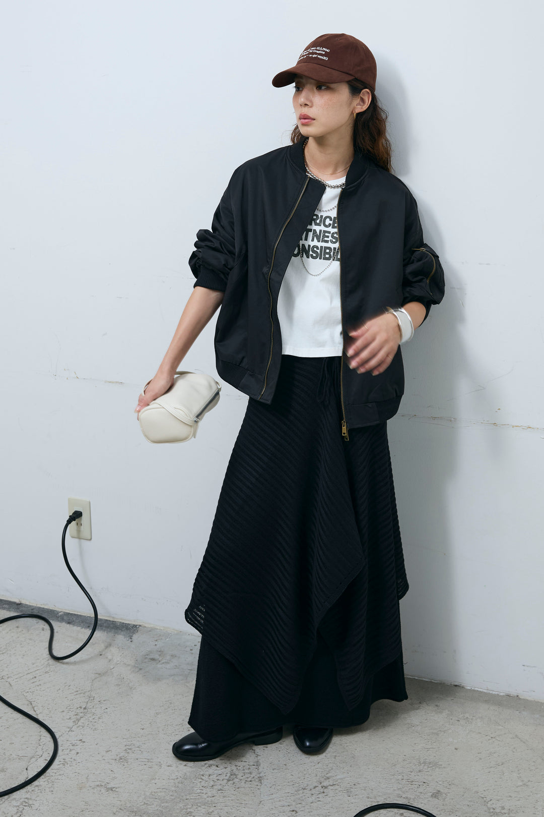 [予約/SET]袖ボリュームMA1+ライン編みニットラップ+ニットマキシスカート(3set)