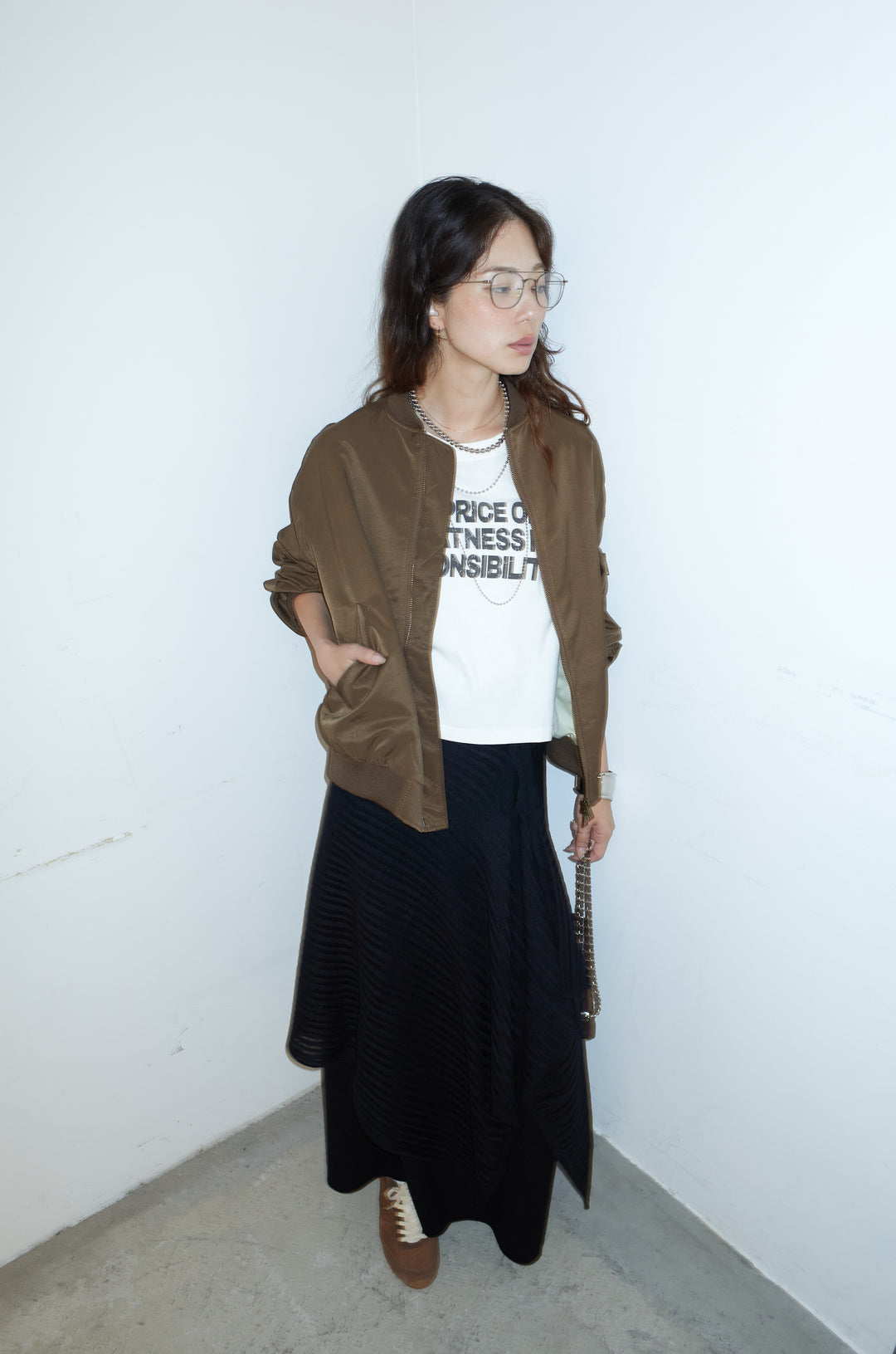 [予約/SET]袖ボリュームMA1+ピグメントロゴショート丈T+ニットマキシスカート(3set)