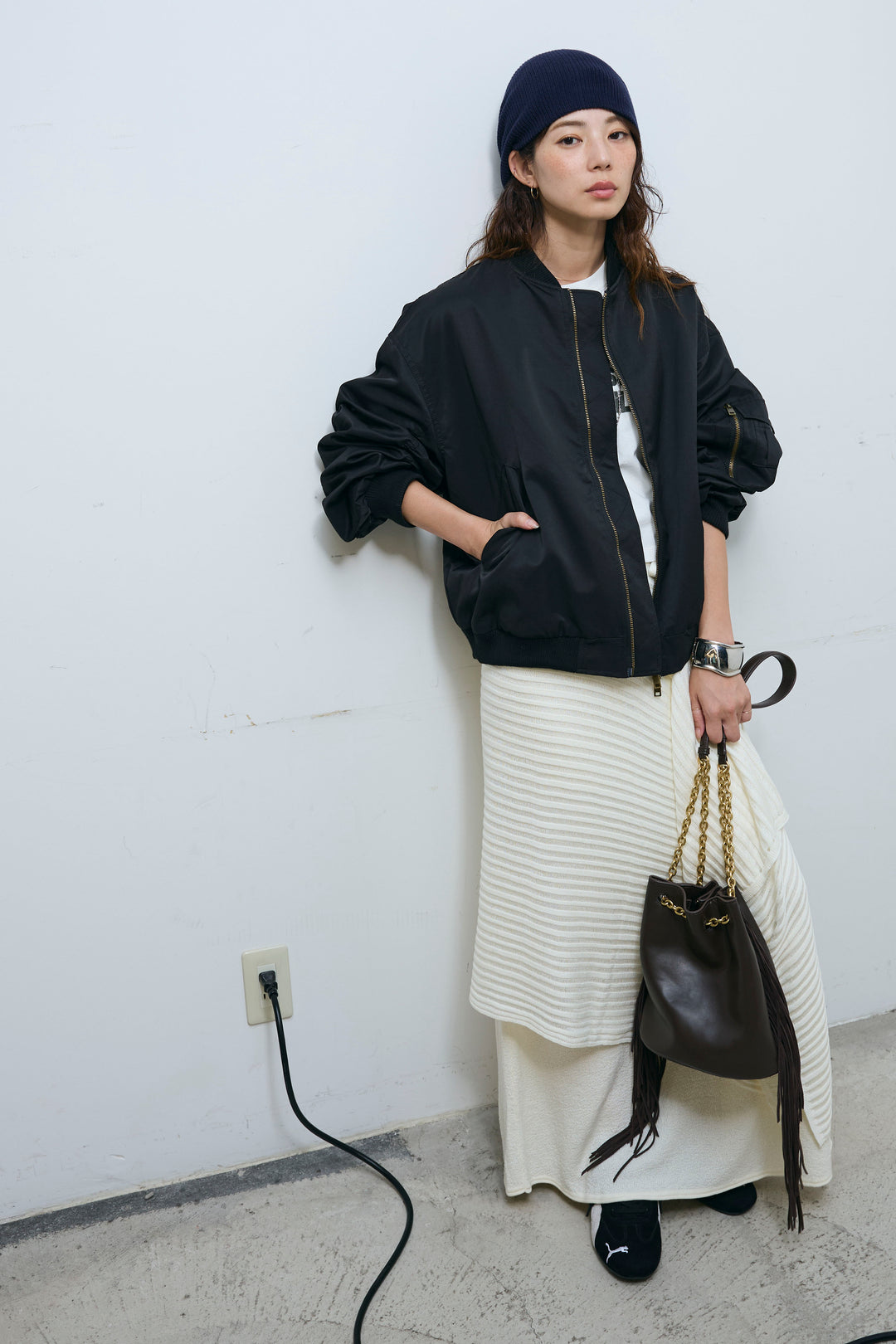 [予約/SET]袖ボリュームMA1+ライン編みニットラップ+ニットマキシスカート(3set)