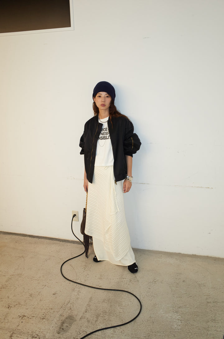 [予約/SET]袖ボリュームMA1+ライン編みニットラップ+ニットマキシスカート(3set)