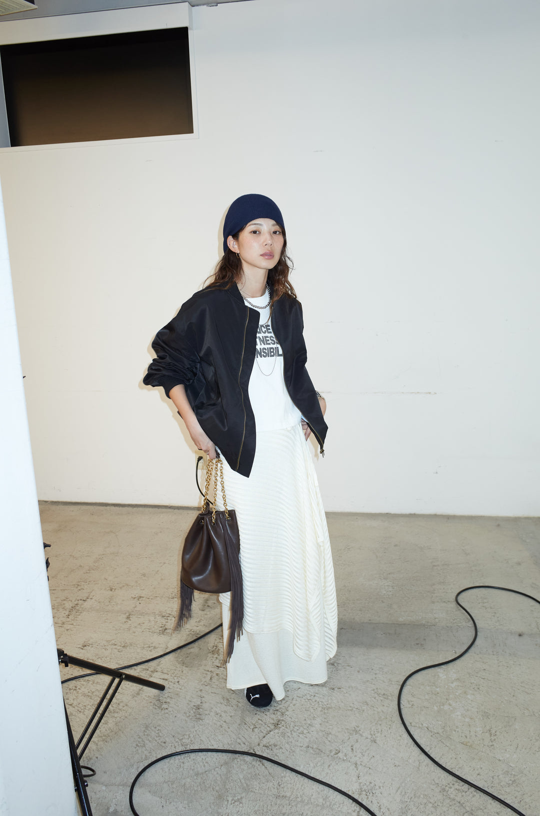 [予約/SET]袖ボリュームMA1+ピグメントロゴショート丈T+ニットマキシスカート(3set)