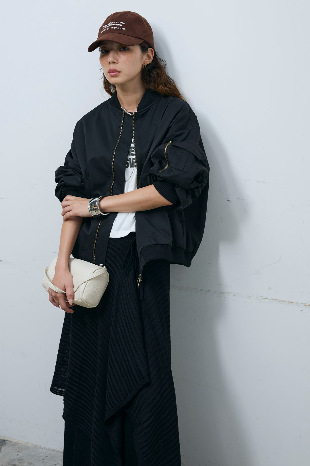 [予約/SET]袖ボリュームMA1+ライン編みニットラップ+ニットマキシスカート(3set)