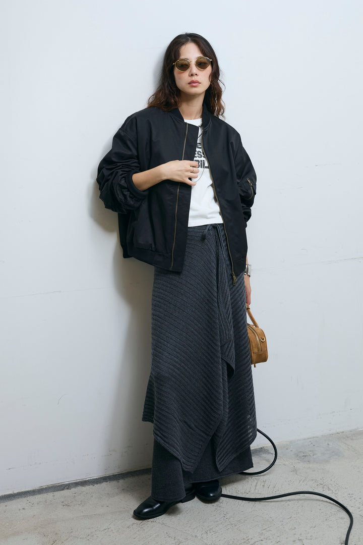 [予約/SET]袖ボリュームMA1+ライン編みニットラップ+ニットマキシスカート(3set)