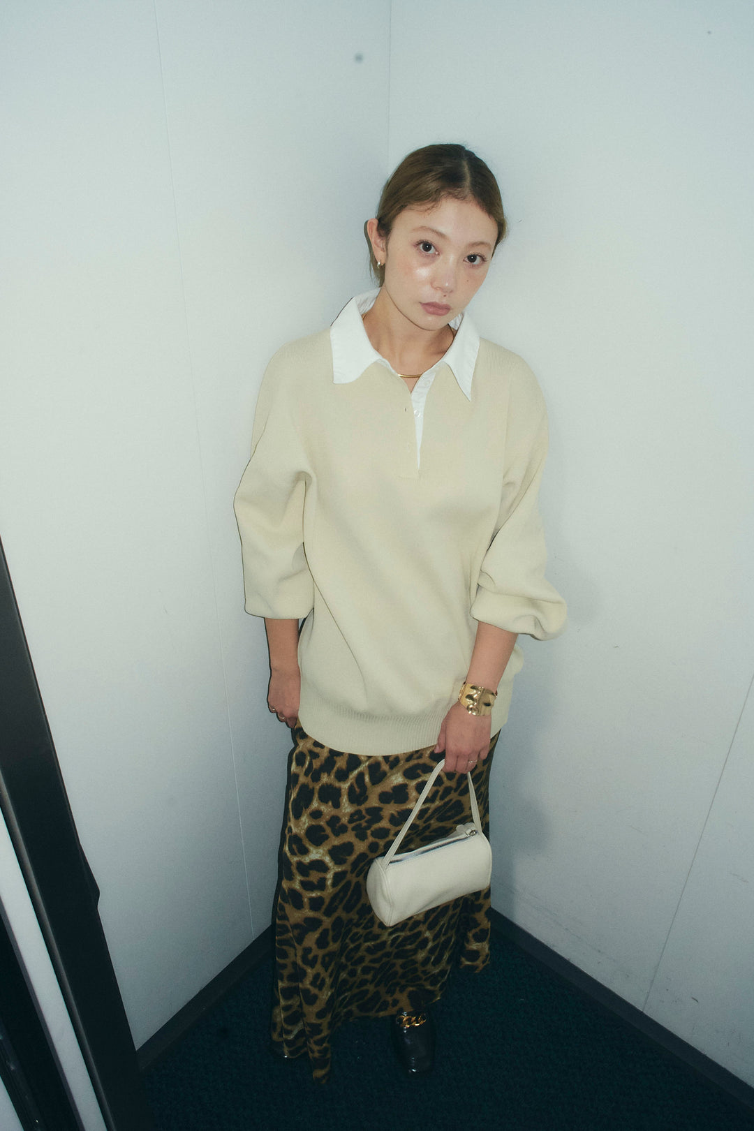 [予約/SET]プレッピーコントラストニット+レオパードナロースカート(2set)