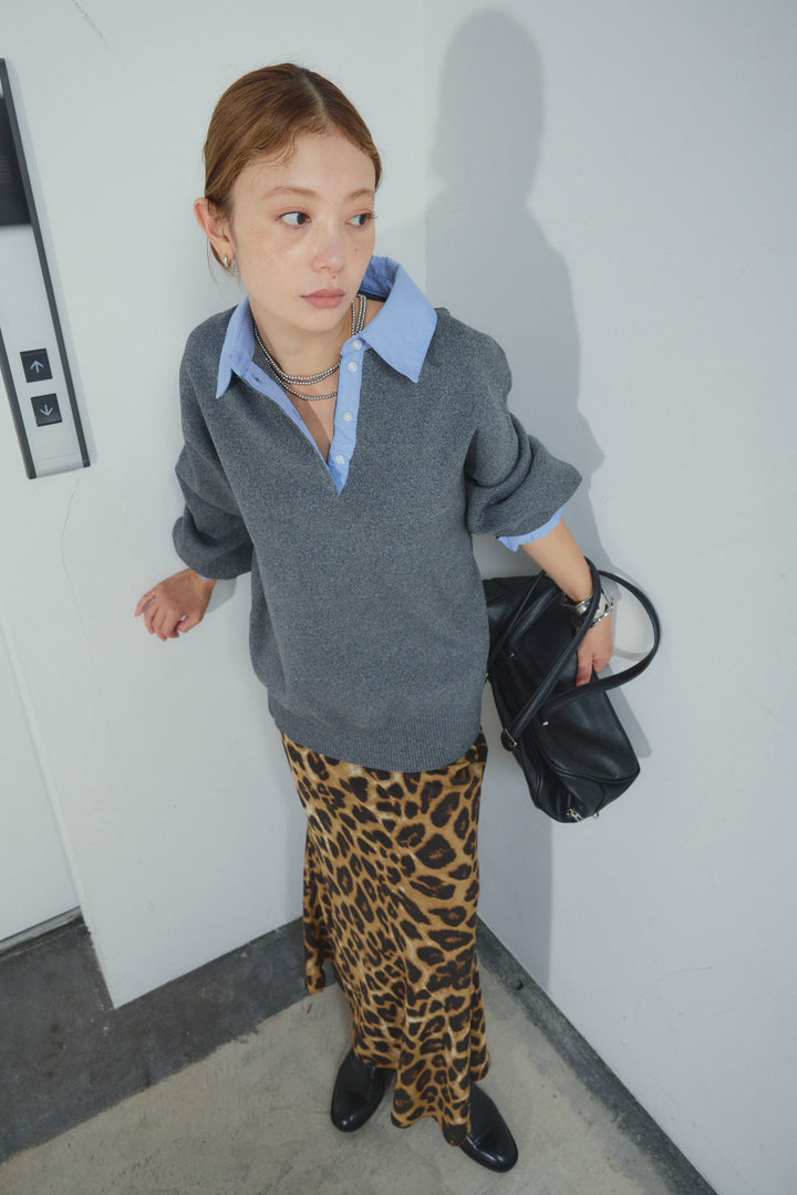 [予約/SET]プレッピーコントラストニット+レオパードナロースカート(2set)