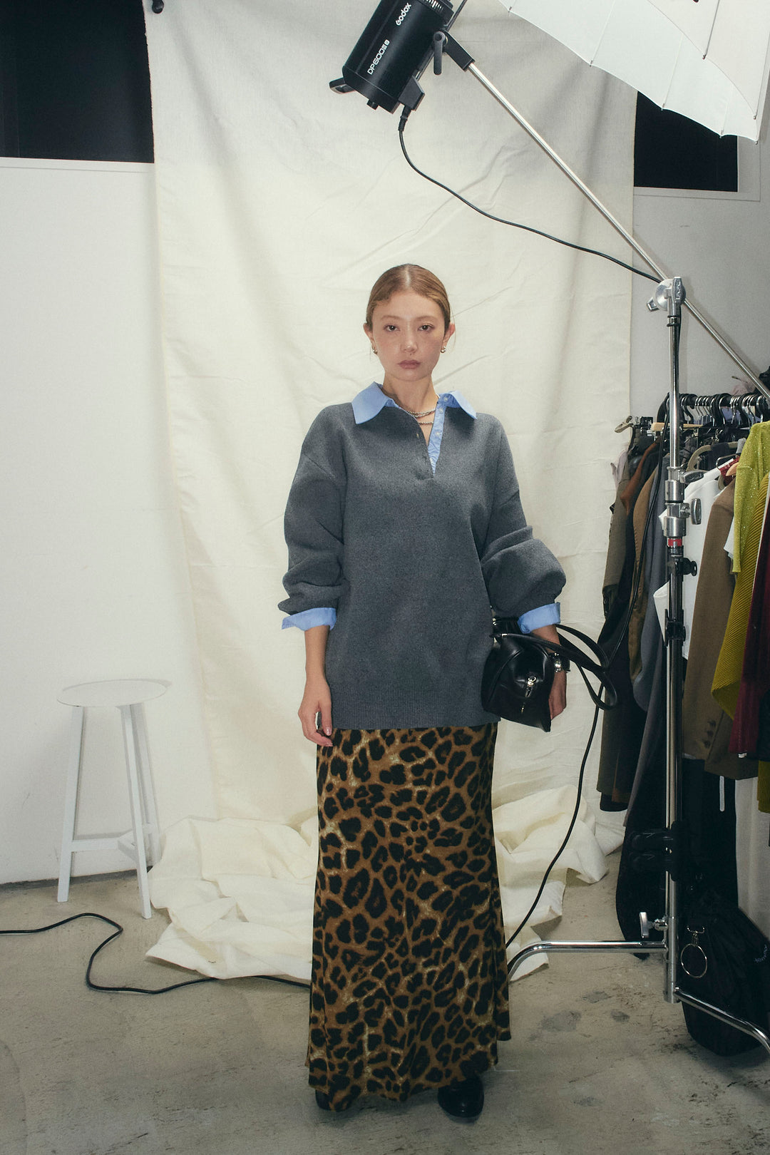 [予約/SET]プレッピーコントラストニット+レオパードナロースカート(2set)