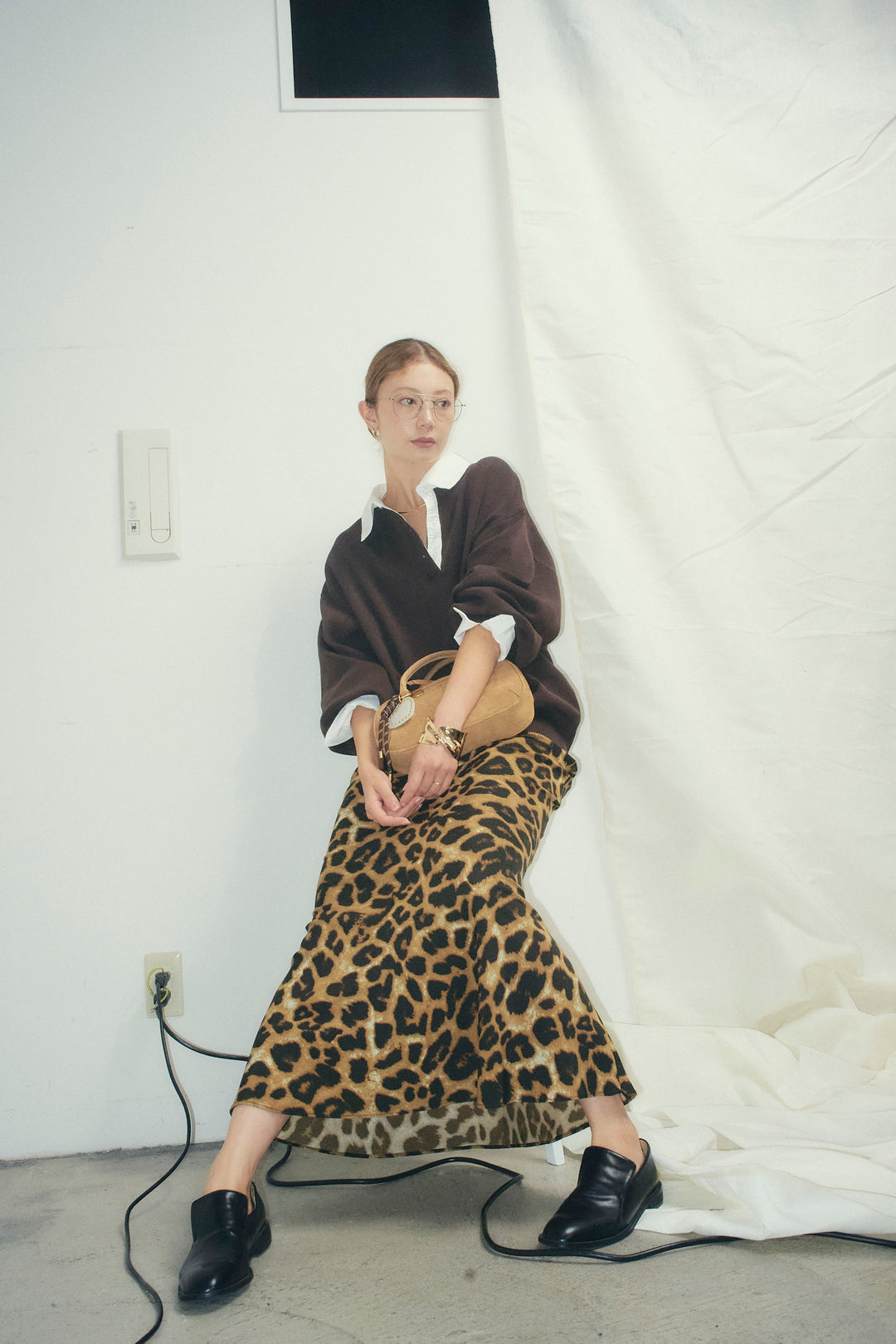 [予約/SET]プレッピーコントラストニット+レオパードナロースカート(2set)