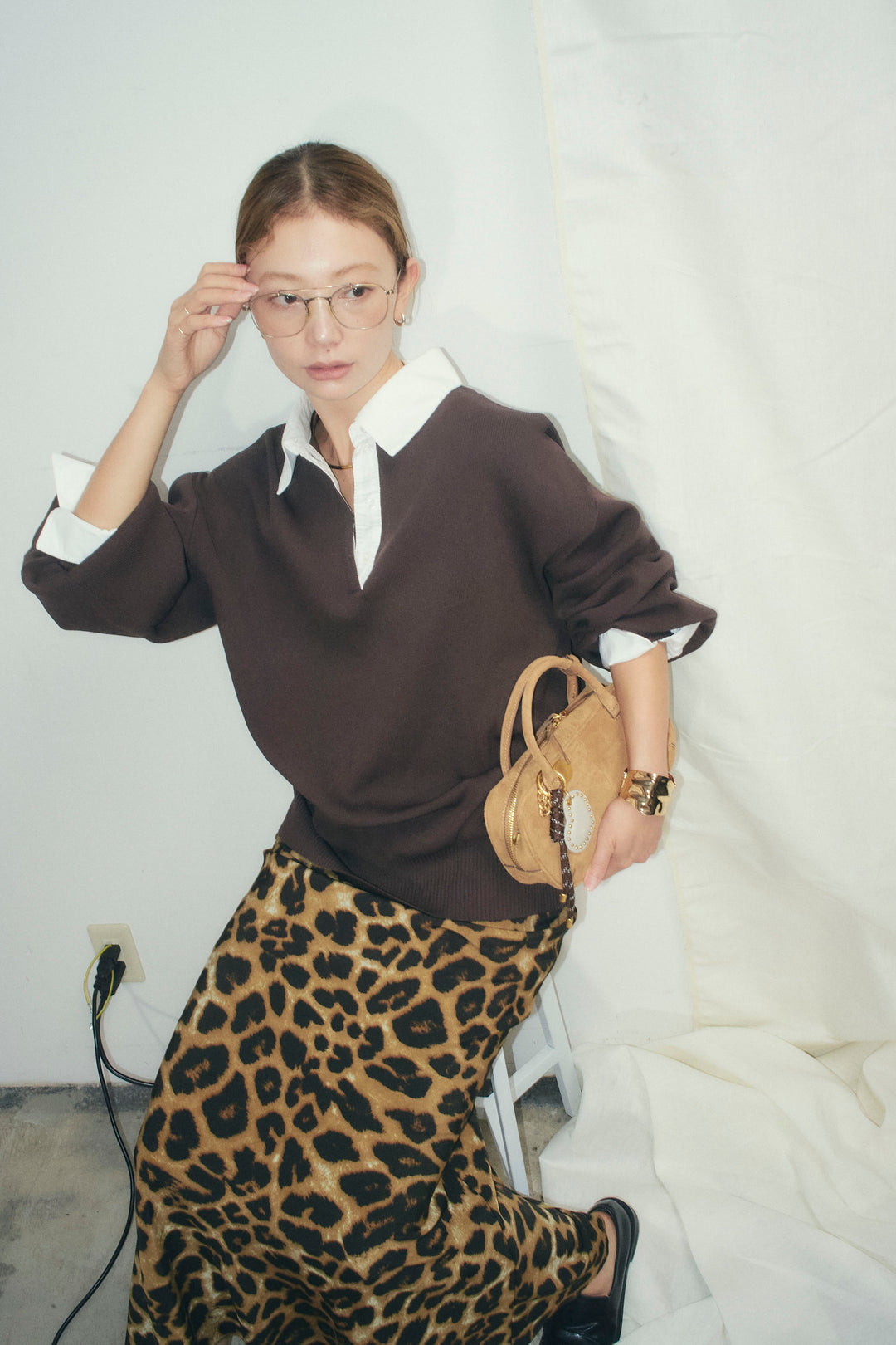 [予約/SET]プレッピーコントラストニット+レオパードナロースカート(2set)