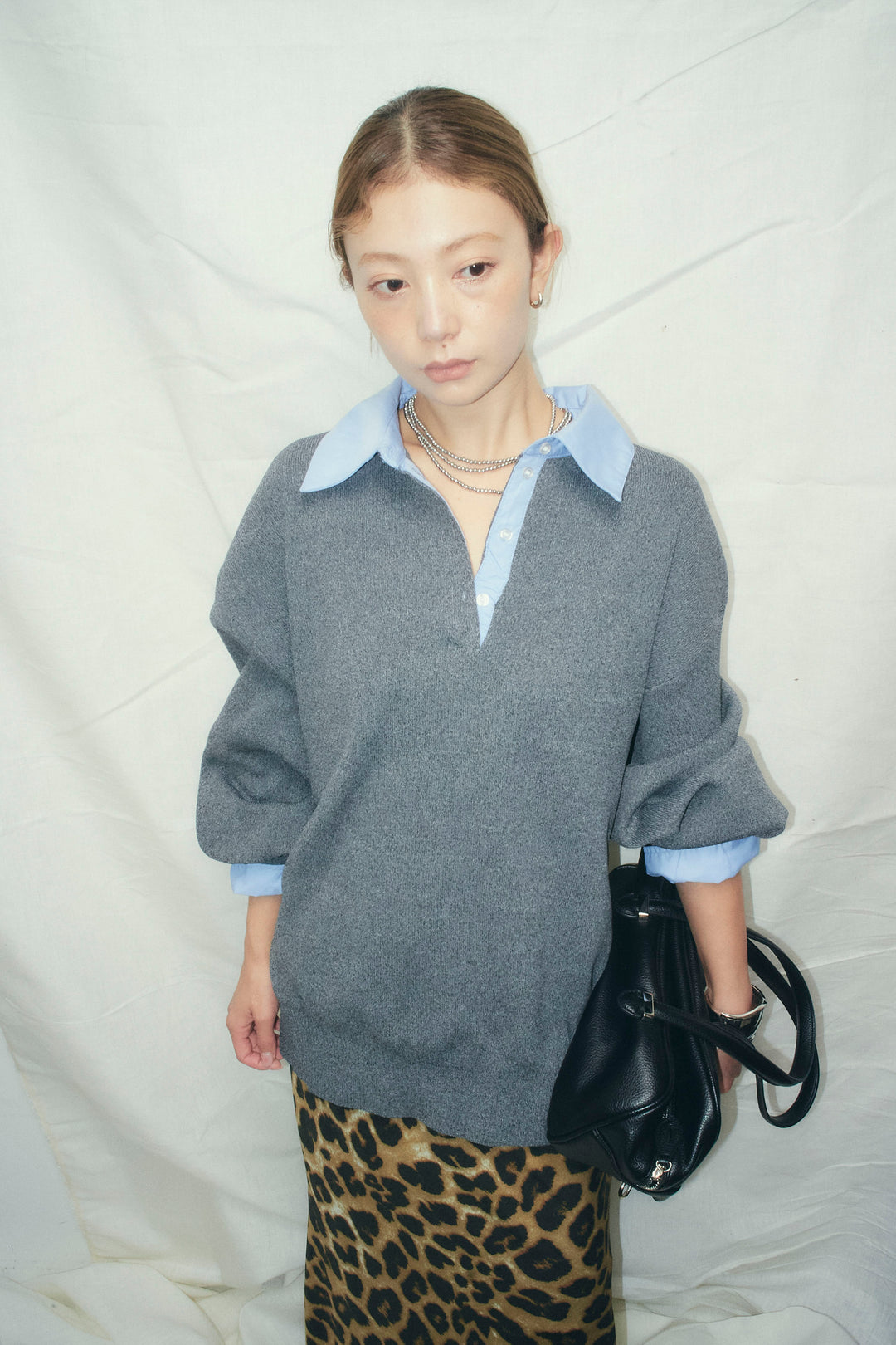 [予約/SET]プレッピーコントラストニット+レオパードナロースカート(2set)