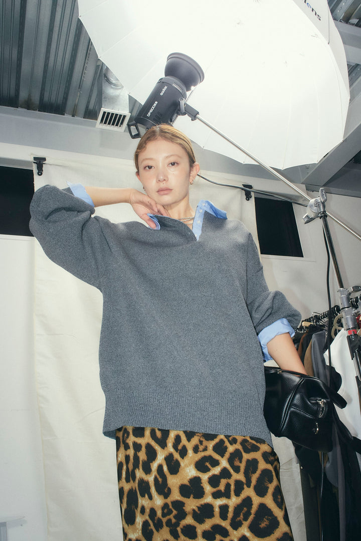 [予約/SET]プレッピーコントラストニット+レオパードナロースカート(2set)