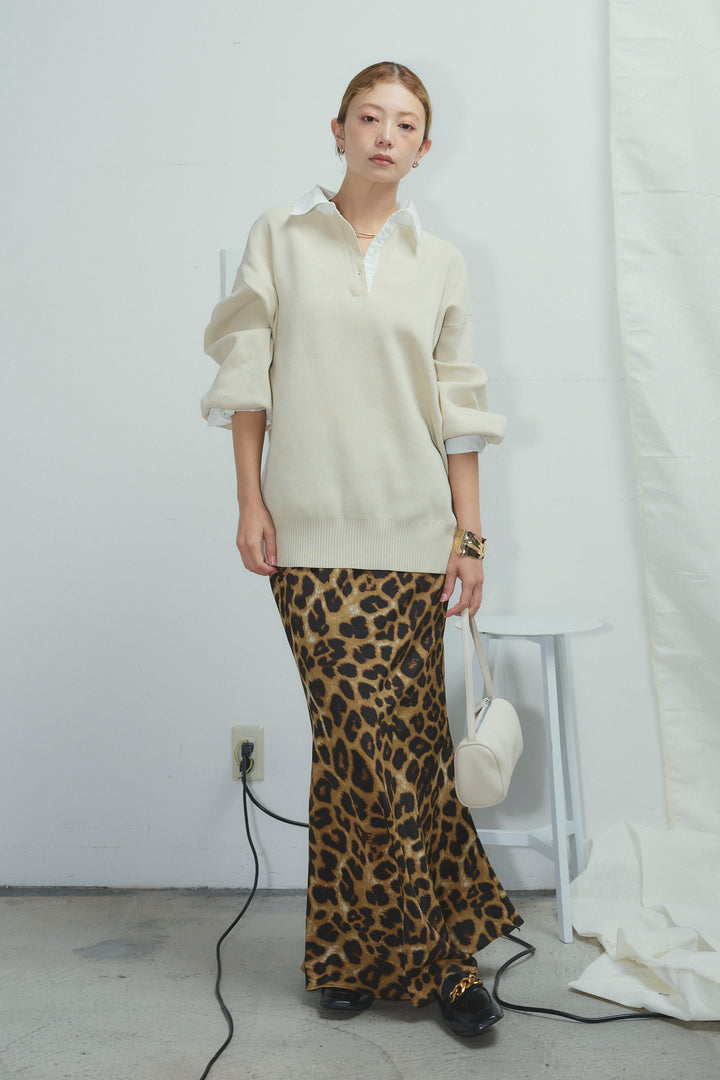 [予約/SET]プレッピーコントラストニット+レオパードナロースカート(2set)