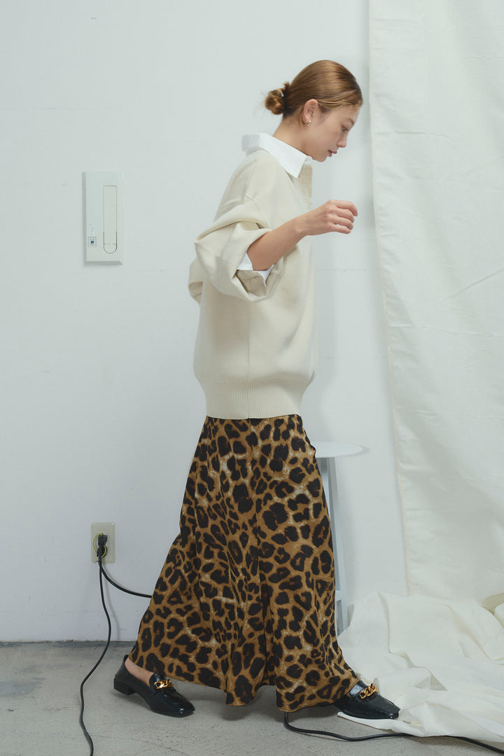 [予約/SET]プレッピーコントラストニット+レオパードナロースカート(2set)