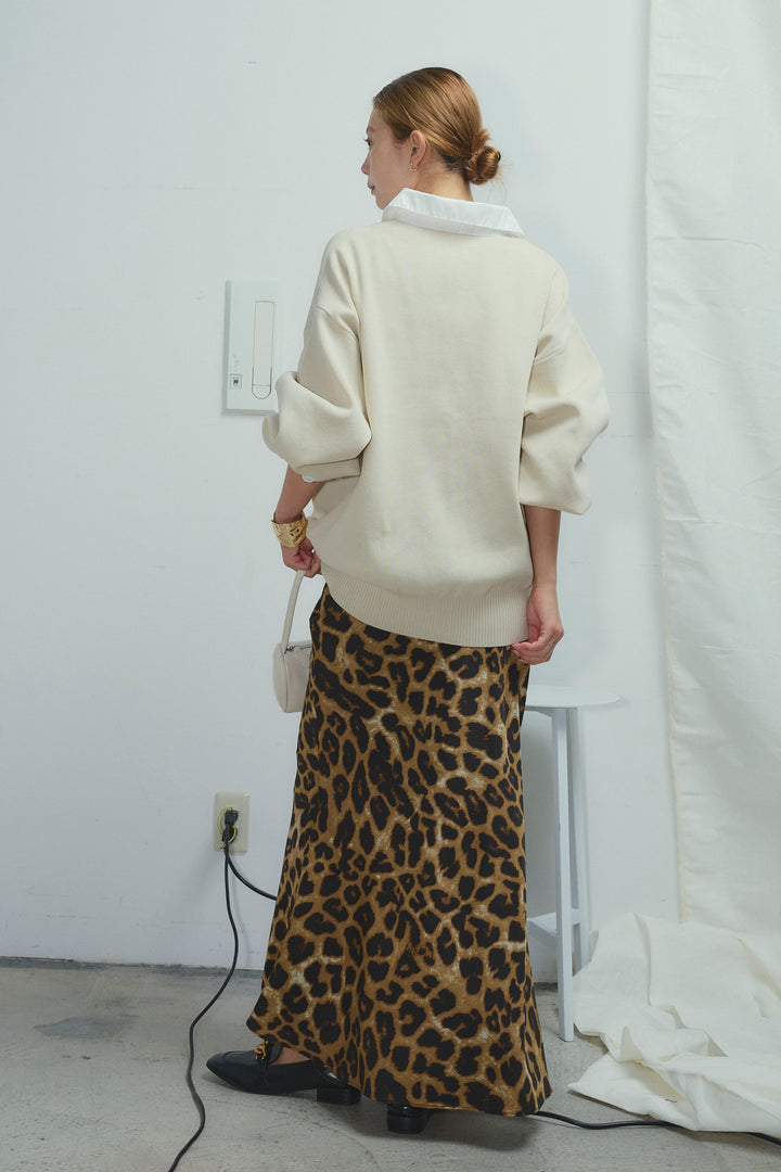 [予約/SET]プレッピーコントラストニット+レオパードナロースカート(2set)