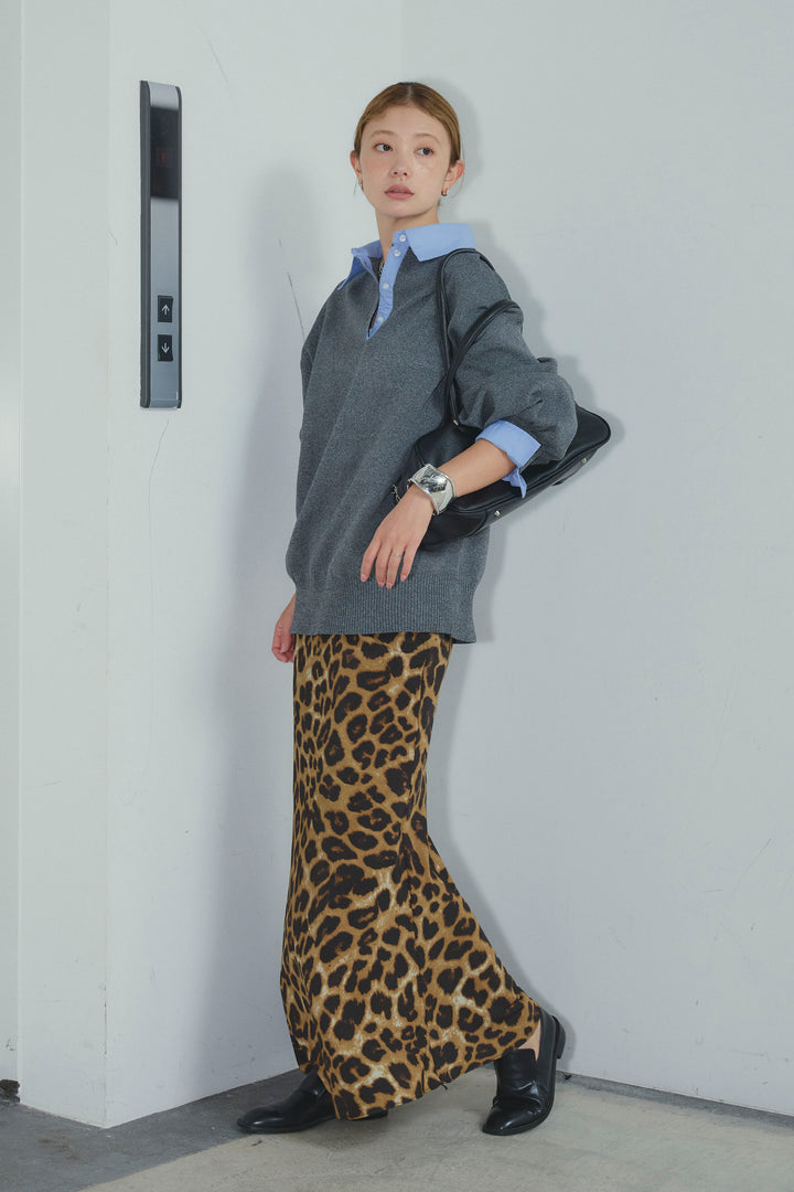 [予約/SET]プレッピーコントラストニット+レオパードナロースカート(2set)