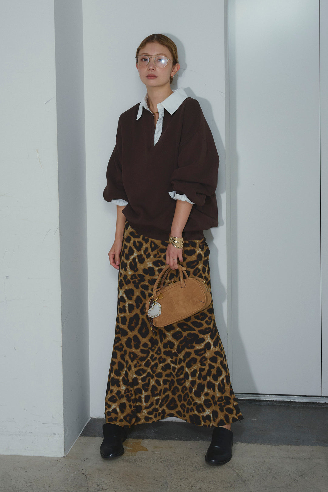 [予約/SET]プレッピーコントラストニット+レオパードナロースカート(2set)