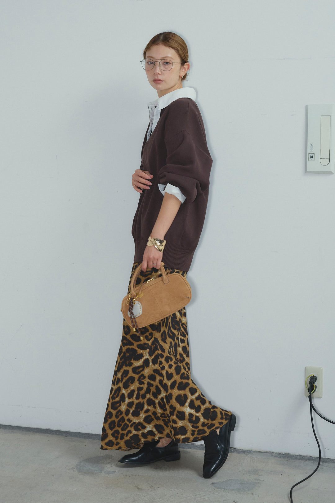 [予約/SET]プレッピーコントラストニット+レオパードナロースカート(2set)