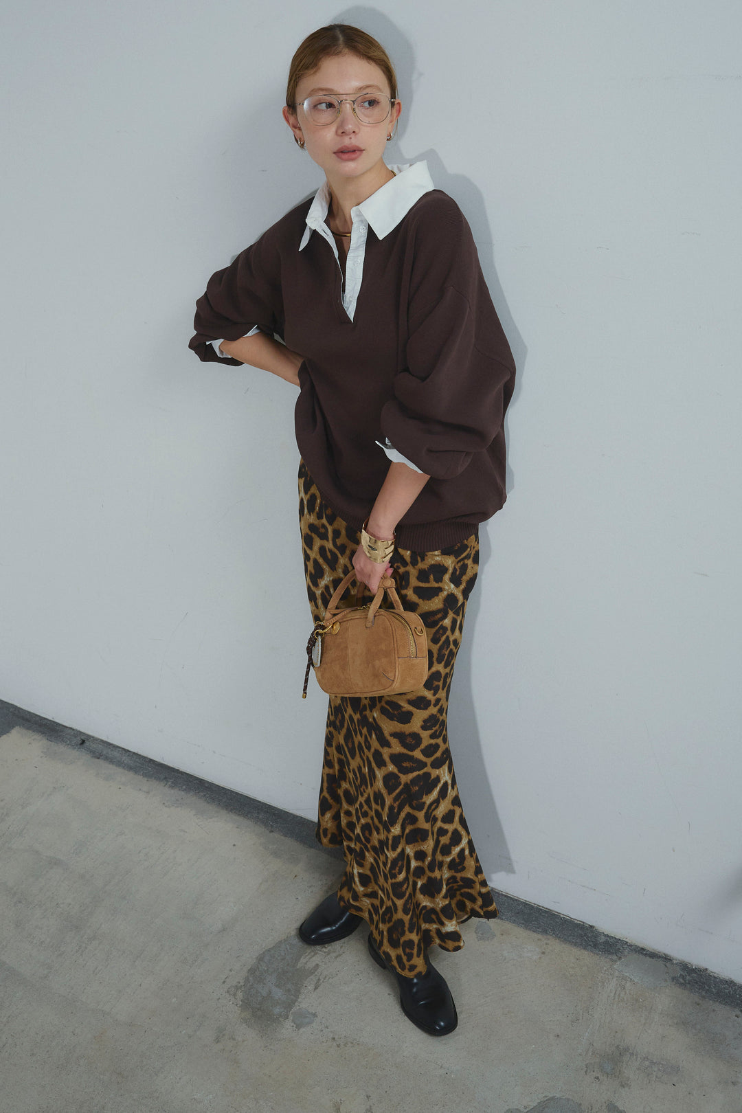 [予約/SET]プレッピーコントラストニット+レオパードナロースカート(2set)