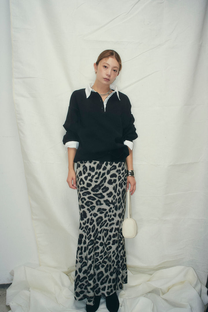 [予約/SET]プレッピーコントラストニット+レオパードナロースカート(2set)