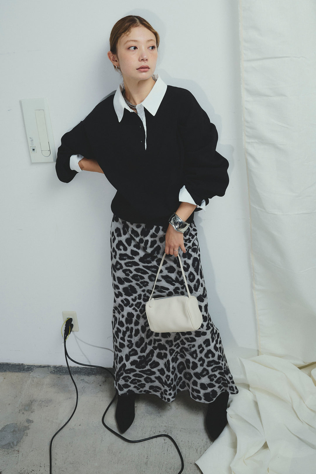 [予約/SET]プレッピーコントラストニット+レオパードナロースカート(2set)