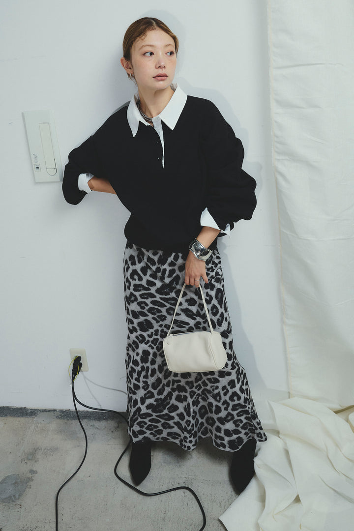 [予約/SET]プレッピーコントラストニット+レオパードナロースカート(2set)