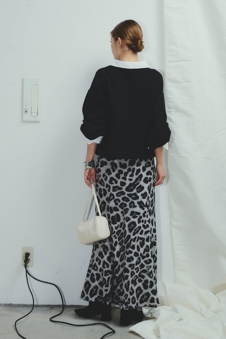 [予約/SET]プレッピーコントラストニット+レオパードナロースカート(2set)