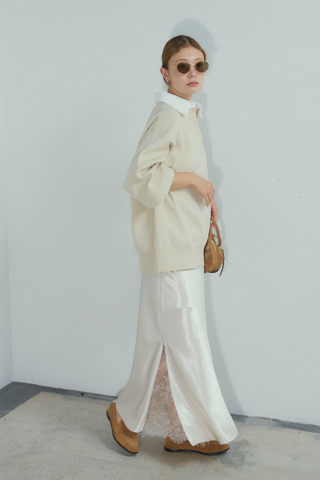 [予約/SET]プレッピーコントラストニット+裾レースサテンスカート(2set)