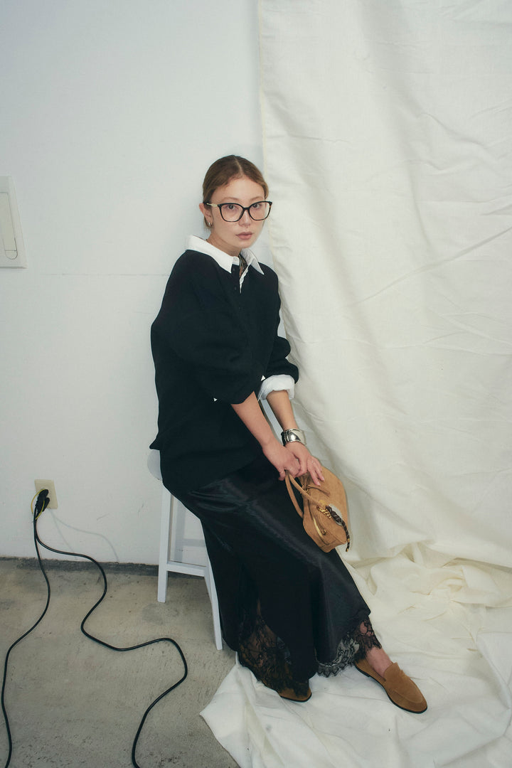 [予約/SET]プレッピーコントラストニット+裾レースサテンスカート(2set)