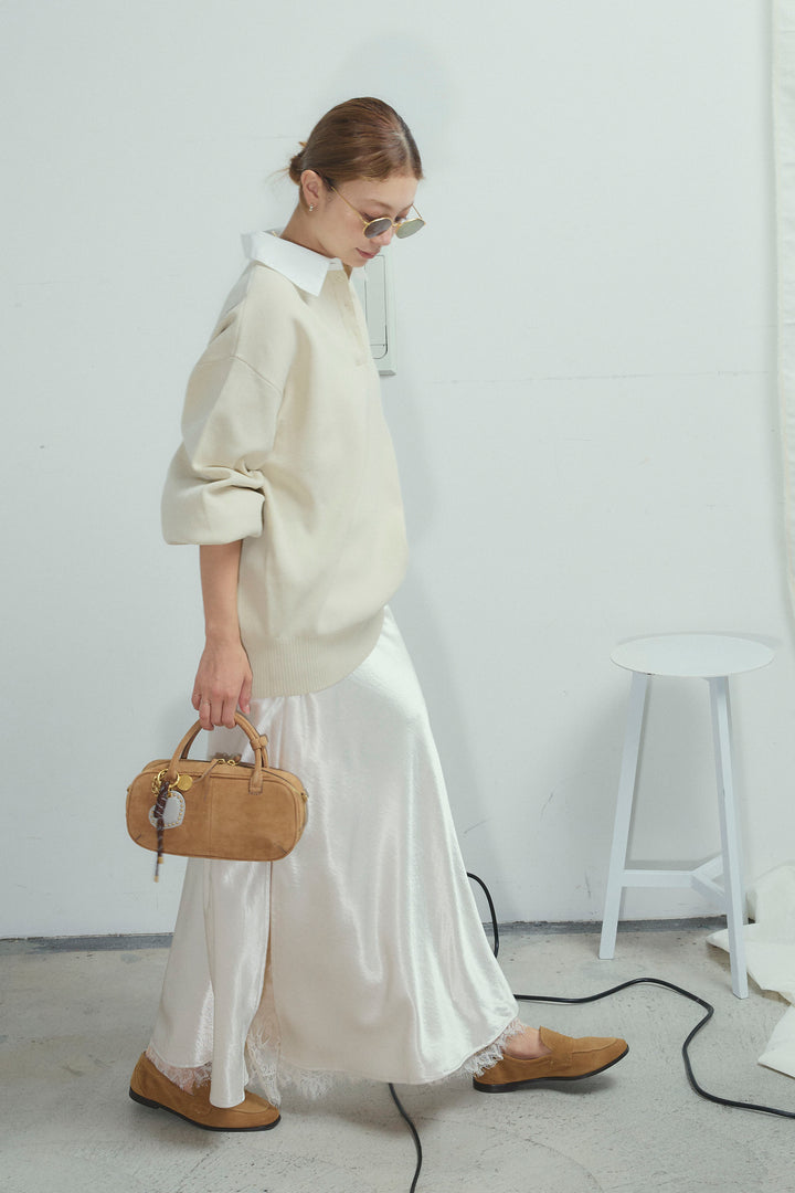 [予約/SET]プレッピーコントラストニット+裾レースサテンスカート(2set)