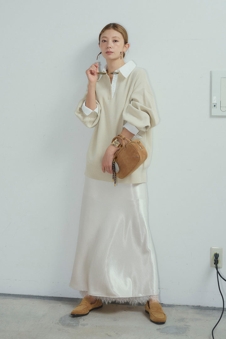 [予約/SET]プレッピーコントラストニット+裾レースサテンスカート(2set)