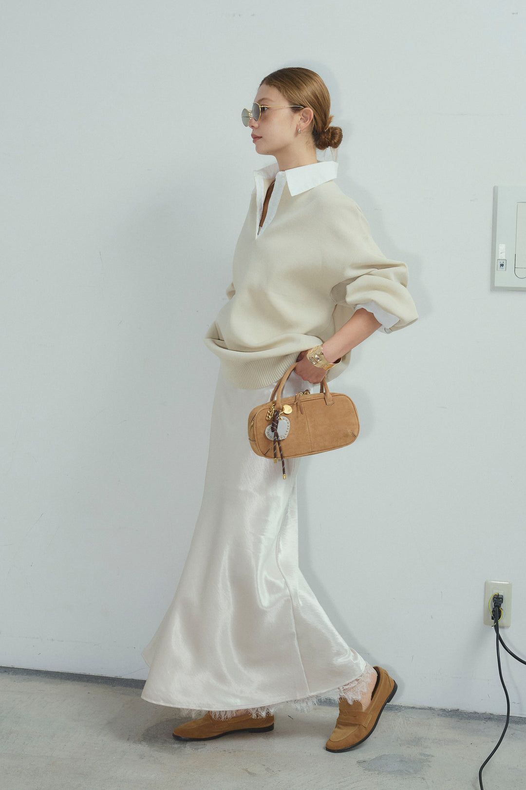 [予約/SET]プレッピーコントラストニット+裾レースサテンスカート(2set)